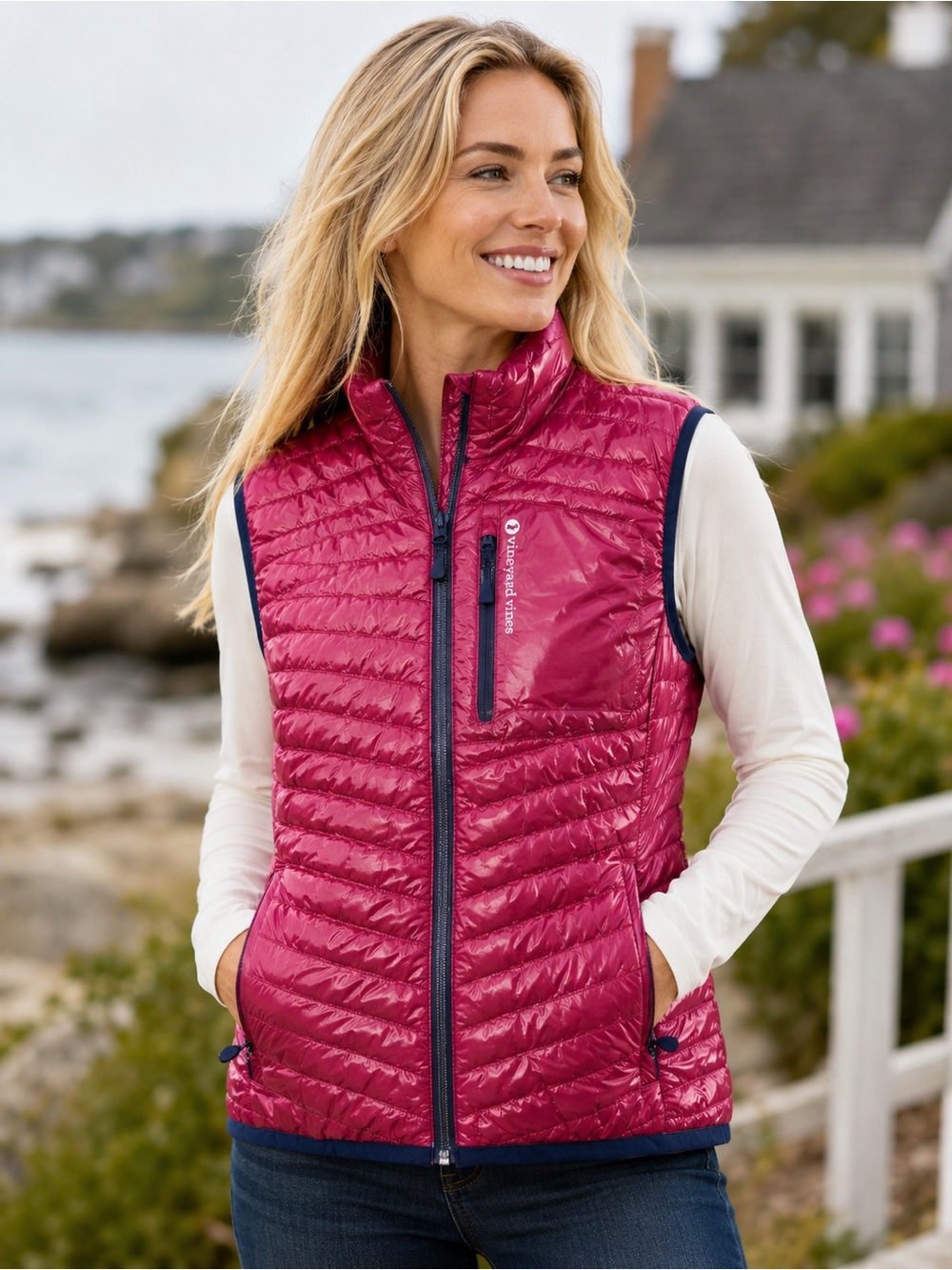 Vineyard Vines Shiny Mountain Weekend Vest Pink Navy S Quilted Zip Puffer